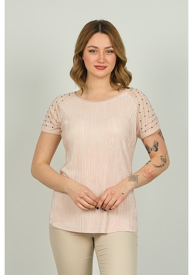 Ella Camelia Kadın Omzu Taş Detaylı Desenli Bluz 18e013 Pudra