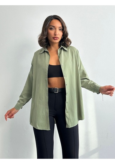Kadın Oversize Uzun Basic Gömlek Haki