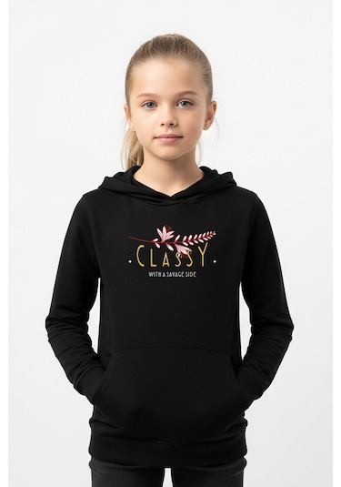 Kanguru Cepli Kapüşonlu Kız Çocuk Sweatshirt Classy Yazı Baskılı Siyah