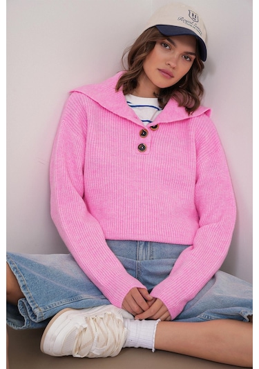 6900 Kadın Düğmeli Devrik Yaka Triko Kazak Pembe Pembe