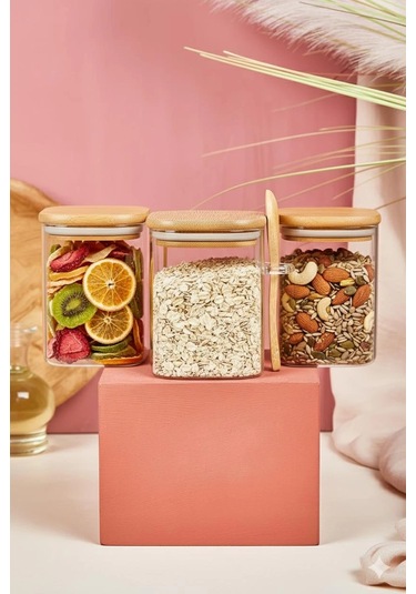 3 Lü Kaşıklı Cam Kavanoz Seti Baharatlık Saklama Kavanozu 450 Ml Çok Renkli