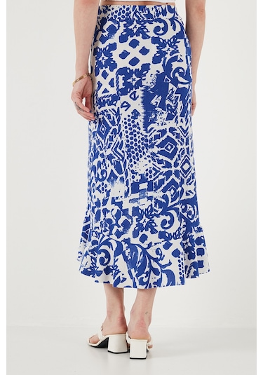 Lela Regular Fit Desenli Yüksek Bel Volanlı Midi Boy Yırtmaçlı Bayan Etek 5869013 Saks