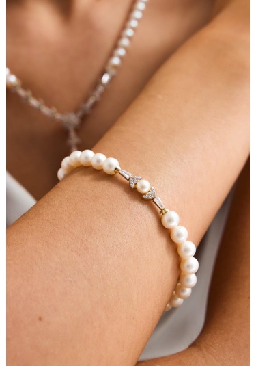 6,5 Mm Yaprak Modeli Doğal İnci Bileklik 20 Cm / Beyaz Beyaz Beyaz Altın