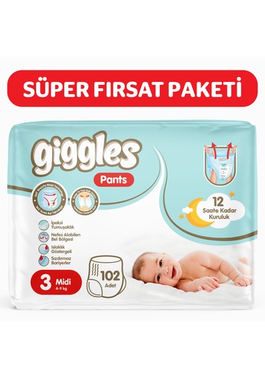Giggles Pants Külotlu Bebek Bezi 3 Numara Midi 102 Adet