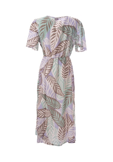 Canel V Yaka Midi Şifon Elbise - Bohemian Tarzı Yaprak Desen Çok Renkli