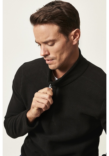 AC&Co / Altınyıldız Classics 4A5221100016SYHM Anti-Pilling Tüylenme Yapmayan Bato Yaka Erkek Polar Sweatshirt Siyah