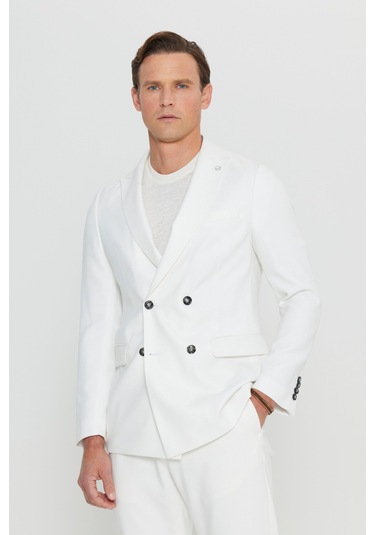 Erkek Ekru Slim Fit Dar Kesim Kırlangıç Yaka Kapak Cepli Blazer Ceket Ekru