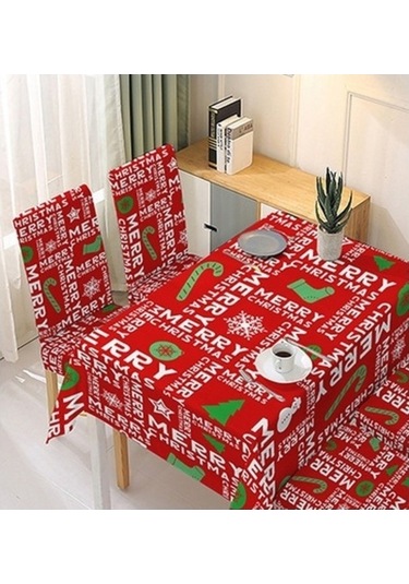 Flybuy Noel Baskılı Sandalye Kılıfı, Streç Masa Örtüsü, Kırmızı Harfler, 140cm, Su Geçirmez, Toz Geçirmez, Yağ Geçirmez, Şenlikli Dekorasyon Kırmızı