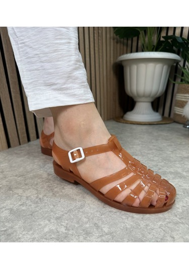 Kadın Çocuk Deniz Ayakkabısı Plaj Havuz Rafting Jel Görünümlü Şeritli Kaydırmaz Taban Sandalet 309 Karamel Kahverengi