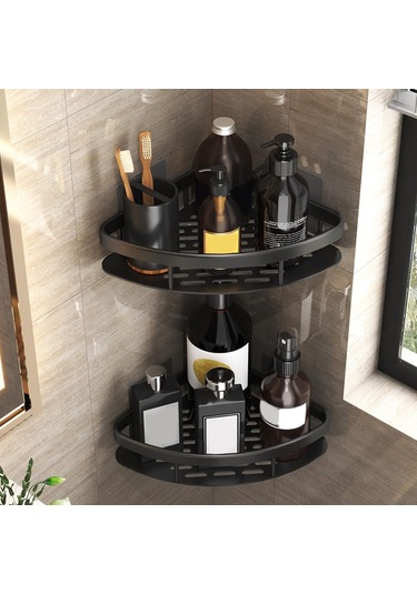 Delinmeyen Alüminyum Depolama Rafı Banyo Organizasyon Rafı, Geniş Kenarlı Tek Katmanlı Üçgen - Siyah