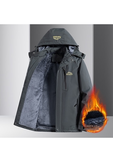 Ikkb Erkek Sonbahar Ve Kış Polar Kalın Su Geçirmez Ceket Gri