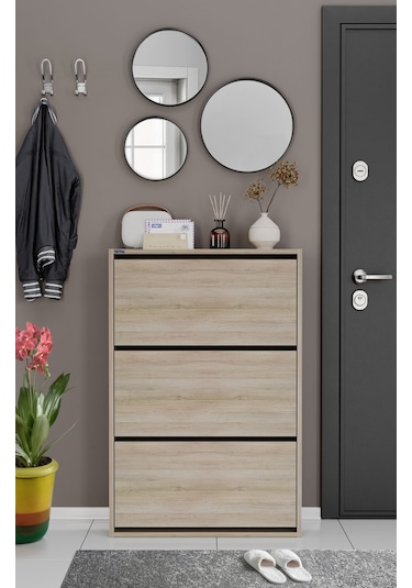 Ceha 3'lü Düşer Kapaklı Ahşap Ayakkabılık - Egger Meşe A.AYK-3/MEŞE