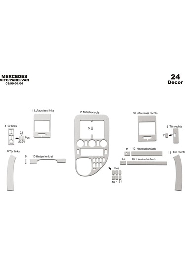 Mercedes Vito Panelvan Konsol-torpido Kaplama 1999-2004 24 Parça-alüminyum Alüminyum