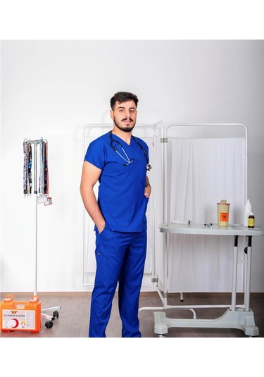 Likralı Cerrahi Forma Unisex Hemşire Doktor Sağlıkçı Forması Scrubs Üniforma Saks Mavisi