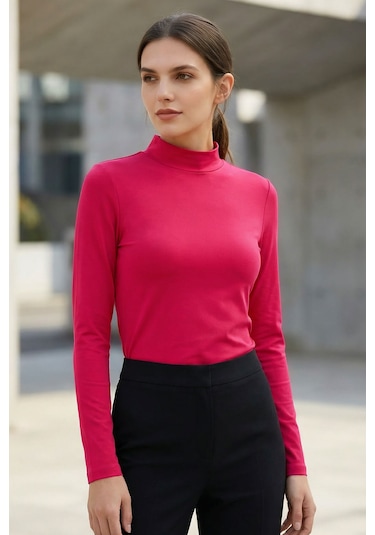 Tommy Life Pembe Balıkçı Yaka Basic Uzun Kollu Kadın Body - 97306