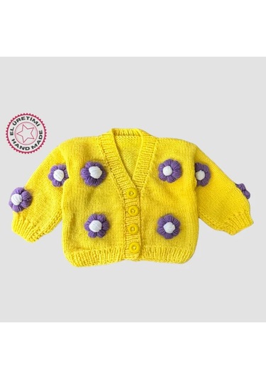 Uretti - Gülnur 2184 - El Örgüsü Mor Çiçekli Kız Çocuk Hırka 5 Yaş - Sarı Sarı