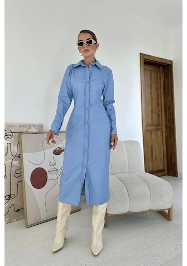 Mavi Boydan Düğmeli Deri Elbise Mavi