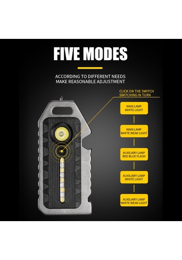 Jeemson Siyah Mini Led El Feneri Anahtarlık - 5 Seviye Aydınlatma, İshık, Piskopu, Cam Kırıcı, Şişe Açıcı, Type-c Şarjlı Alüminyum Siyah
