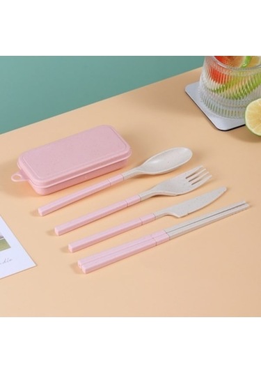 Yeniden Kullanılabilir Seyahat Kamp Beslenme Çantası İçin Kaşık Çatal Set Pembe Pembe