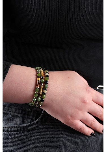 Ssilhoutte Doğaltaş Sertifikalı Yeşim Taşı Kaplangözü Ve Akik Kadın&erkek Set Doğal Taş Bileklik Yeşil