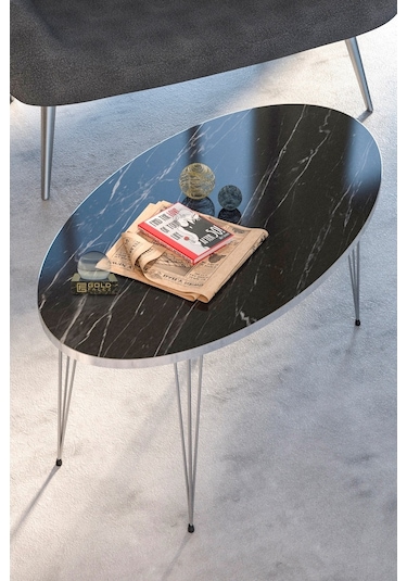 Zigon Sehpa Ve Orta Sehpa Elips Set Gümüş Bendir Tel