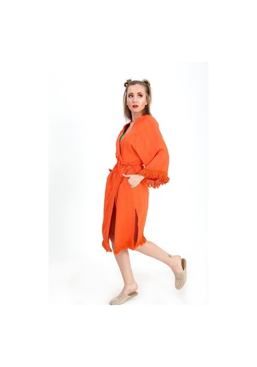 Kimono Palmiye Baskılı Püsküllü - Turuncu-turuncu Turuncu