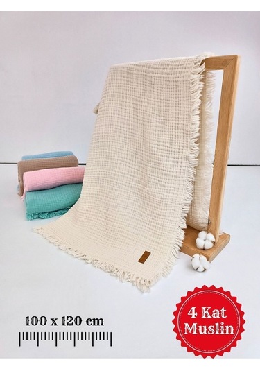 4 Kat Müslin Mint Yeşil Saçaklı Bebek Battaniyesi 100x120 Cm- %100 Pamuklu & Çok Amaçlı Battaniye Ekru
