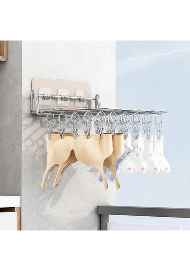 Ganzhoushop Duvara Monte Çorap Klipsi Paslanmaz Çelik Katlanır Elbise Askısı Rafı Yerden Tasarruf Sağlayan Rüzgar Geçirmez Kurutma Rafı Balkon Depolama Çift Sıra Çok Renkli