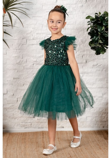 Tüllü Kız Çocuk Kpl Elbise Mnk0526 Yeşil