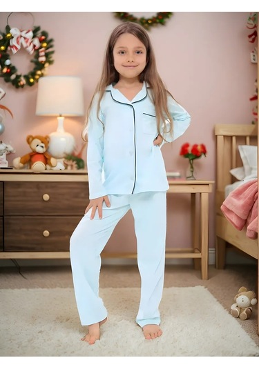New Homestyle Kız Çocukları İçin Pantolon Ve Gömlekli Pijama Takımı 264126927 Açık Mavi