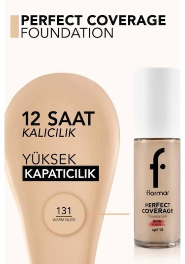 Flormar Perfect Coverage Yoğun Kapatıcı Su Bazlı Fondöten (Soğuk Alt Ton) -131 Warm Nude -8682536070553