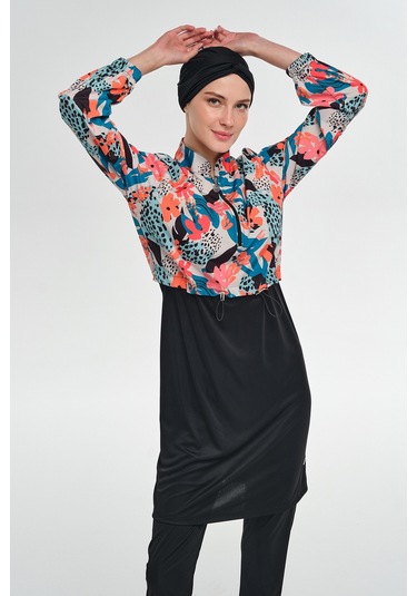 Tam Kapalı Tesettür Mayo Yarım Desenli 3401 Siyah Siyah