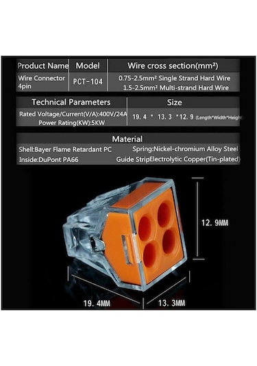 Koodmax 5 Adet Pct-104 4 Pinli İtmeli Hızlı Kolay Kablo Tel Birleştirici Konnektör Vidasız Klemens