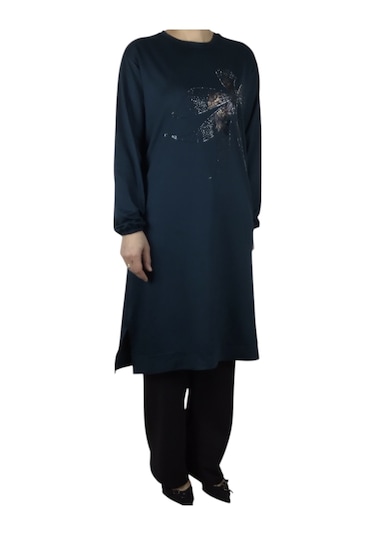 Kadın Önü Desenli Kristal İki İplik Büyük Beden Tunik Zümrüt