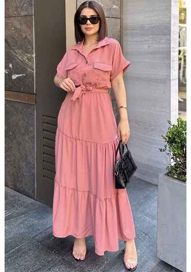 Gül Kurusu Kısa Kol, Airobin Kumaş, Yarım Patlı, Kuşaklı, Eteği Pliseli, Cepli Maxi Uzun Elbise Pembe