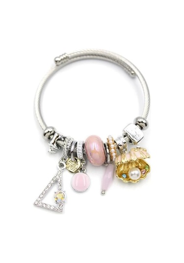 Çelik Charmlı İncili Deniz Kabuğu Bilezik - Pembe Çok Renkli