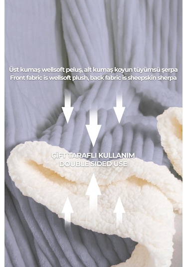 Sherpa Battaniye Çift Kişilik Çizgili Yumuşak Peluş Wellsoft Yatak Örtüsü Gri