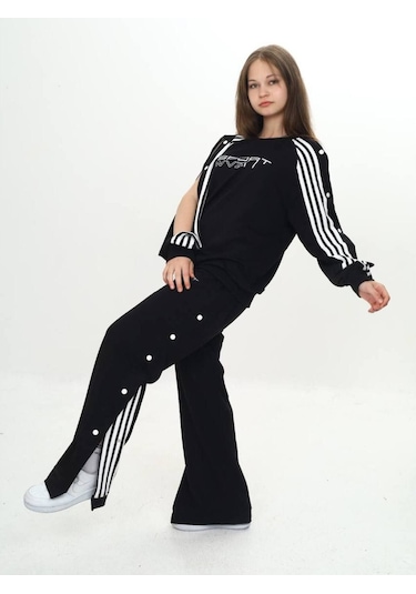 Unisex Çocuk 2 İplik Çıtçıtlı Alt&üst Eşofman Takımı %100 Pamuk Rahat Kalıp-299-eşt-0006 Siyah