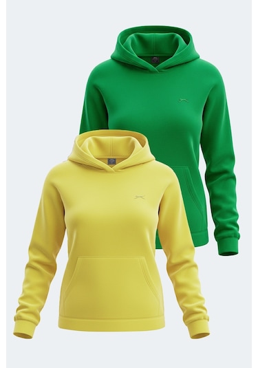 Slazenger Sassa 2 Li Set Kadın Kapüşonlu Cepli Sweatshırt Sarı - Yeşil