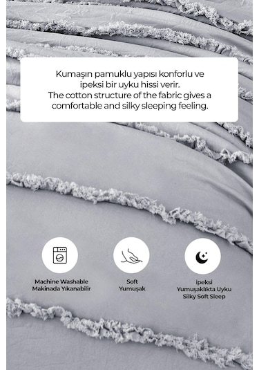 Evlen Home Pamuklu Echos Yatak Örtüsü Takımı Günlük Çift Taraflı Kişilik 3 Parça Dolgulu El İşi Gri