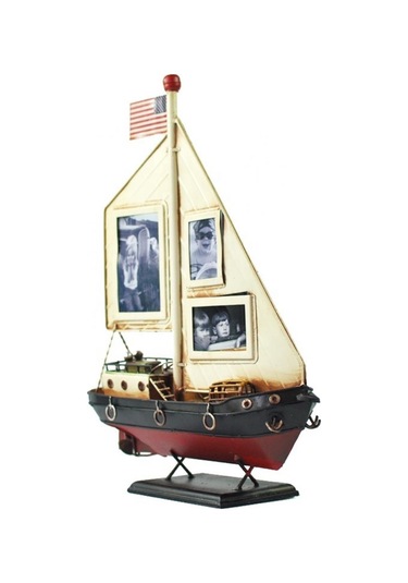 Dekoratif Resim Çerçeveli Metal Yelkenli Gemi 35cm