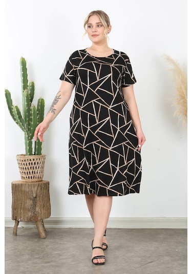 Kadın Siyah Bej Geometrik Desen Midi Elbise Siyah Bej Bej - Siyah