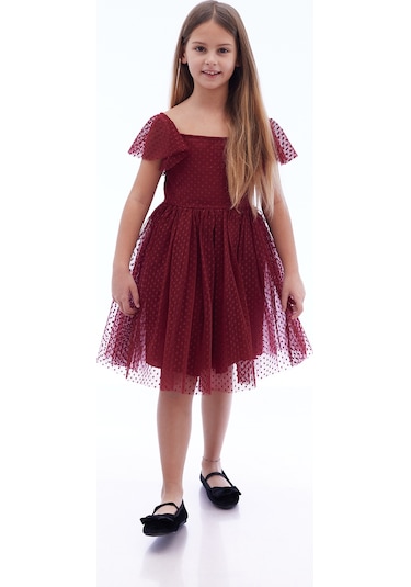 Ahengim Kız Çocuk Kare Yaka Trend Tül Elbise Ak2242 Bordo