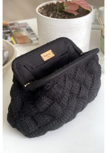 El Yapımı Siyah Diamond Yün Örgü El Çantası Siyah