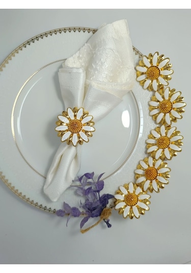 Parıltı Home Collection 6'lı Papatya Beyaz Mineli Gold Halka Peçete Yüzüğü Gold Beyaz