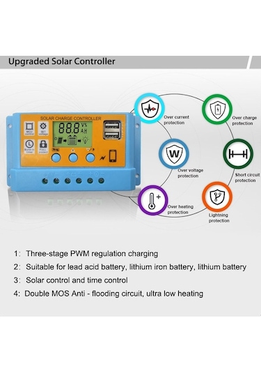 Electric 12v-24v Dijital Güneş Şarj Kontrolcüsü, Akıllı Regülatör, 30a, 390w, 12v/780w, Usb Şarj, Solar Panel Regulator