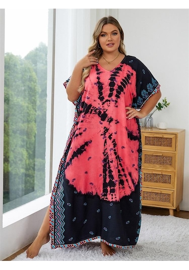 Edolynsa Karpuz Kırmızısı Baskılı Bohem Kaftan Kadın Bornoz Plaj Elbisesi Rahat Çok Yönlü Taze Elbise Mayo Örtüsü Q1464 Çok Renkli