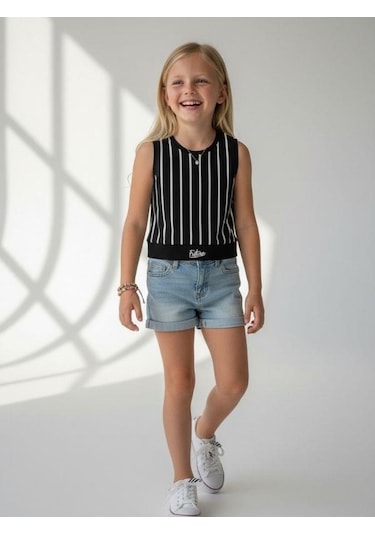 Kız Çocuk Pamuklu Çizgili Crop Bluz-16801 Siyah