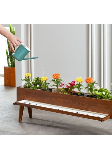 Halohope El Yapımı Ayaklı 10 Çinili Dekoratif Modern Ahşap Dikdörtgen Bahçe Balkon Saksı Saksılık Çiçeklik