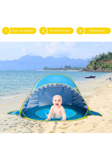 Monyee Mavi Köpekbalığı Desenli Çocuk Plaj Çadırı, Hızlı Açılabilir Havuzlu, Uv Koruma Ve Mesh Pencereli Mavi